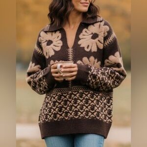 NWT Cherie Collette Floral V-Neck  Soft Boho Sweater